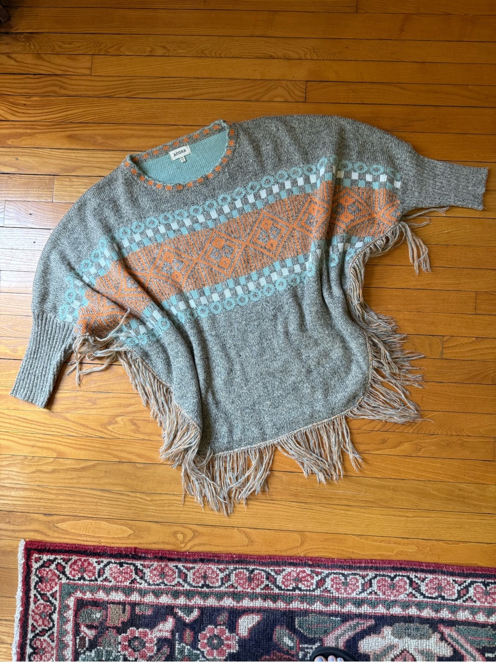 ADORA Gray Knit Fringe Poncho with Orange and Light Blue Pattern